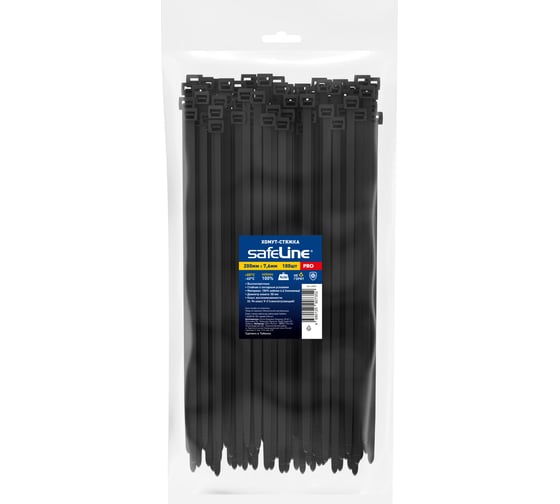 Изображение товара Хомут-стяжка кабельная нейлоновая Safeline 7.6x200-В-100, черная, 100 шт. 24854