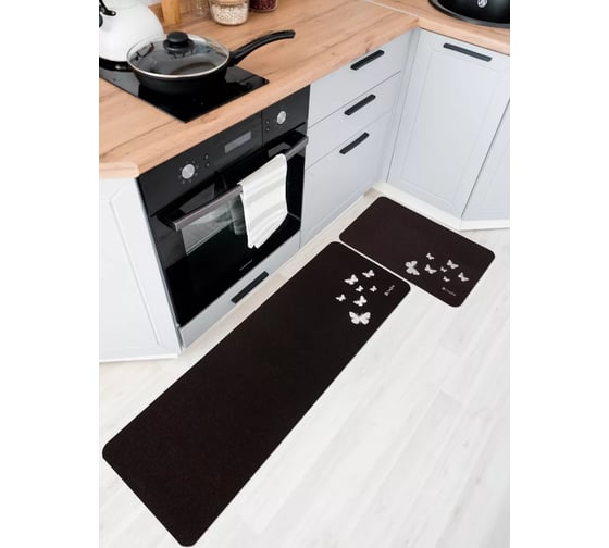 Изображение товара Коврик на кухню ComeForte (набор) «ВЕЛЮР» Бабочки 50x80, 50x150 см Черный КМ-031
