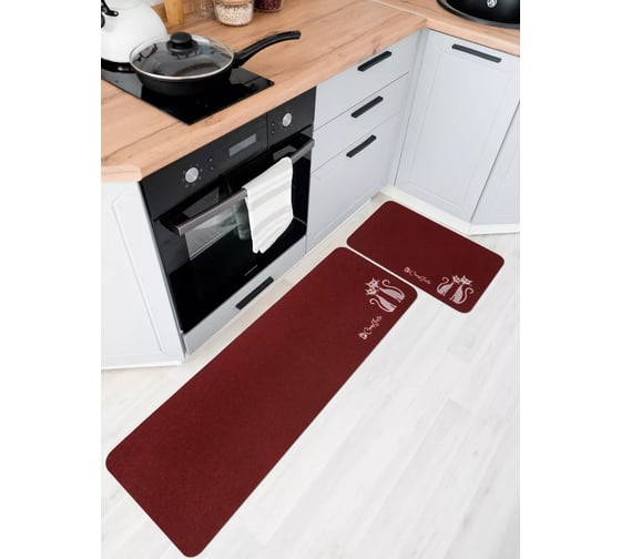 Изображение товара Коврик на кухню ComeForte (набор) «ВЕЛЮР» Мяу 50x80, 50x150 см Бордовый КМ-040