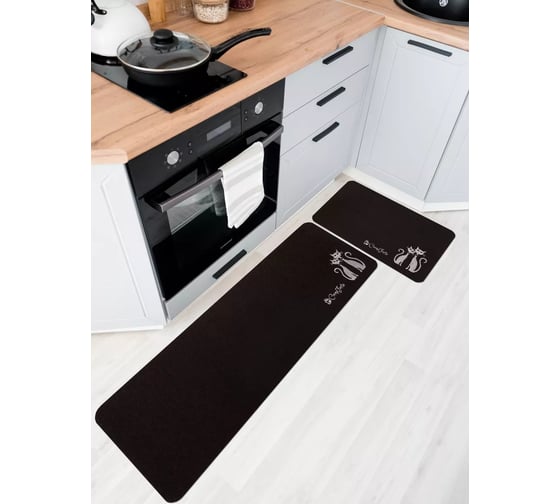 Изображение товара Коврик на кухню ComeForte (набор) «ВЕЛЮР» Мяу 50x80, 50x150 см Черный КМ-037