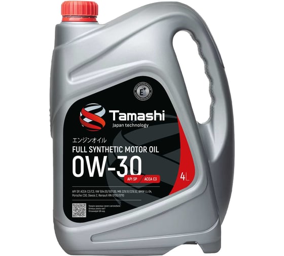Изображение товара Масло моторное синтетическое Tamashi 4л 0W-30 API SP, ACEA С3, MB 229.51, RN 0700/0710, GM Dexos 2, VW 504.00/507.00 0W30T094