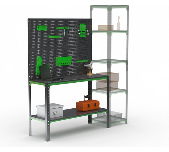 Изображение товара Стол-верстак ООО Металекс серия KIT 950х1600х600, одна полка + двойная перфопанель с комплектом аксессуаров, серо-зеленый 204214