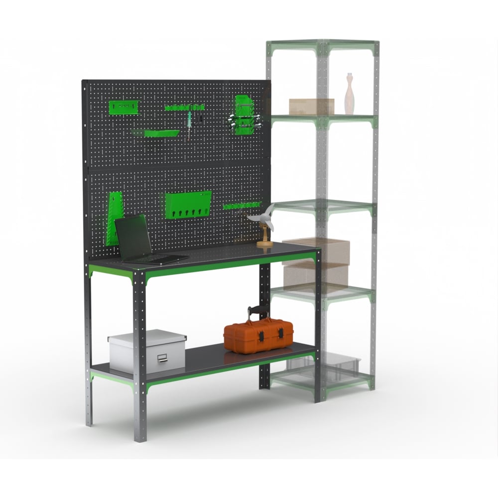 Изображение товара Стол-верстак ООО Металекс серия KIT 950x1200x600 с полкой и аксессуарами серо-зеленый