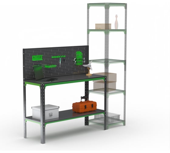 Изображение товара Стол-верстак ООО Металекс серия KIT 950х1600х500, одна полка + перфопанель с комплектом аксессуаров, серо-зеленый 204151