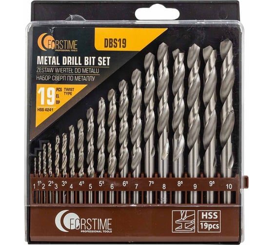 Изображение товара Сверла по металлу, набор 19 шт (1-10 мм) FORSTIME FT-DBS19(60695)