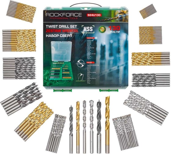 Изображение товара Сверла, набор комбинированный 130 предметов (по металлу: 1-6, 8, 10 мм; по бетону: 4-6, 8, 10 мм; по дереву: 4-6, 8, 10 мм) Rockforce RF-924U130(60716)
