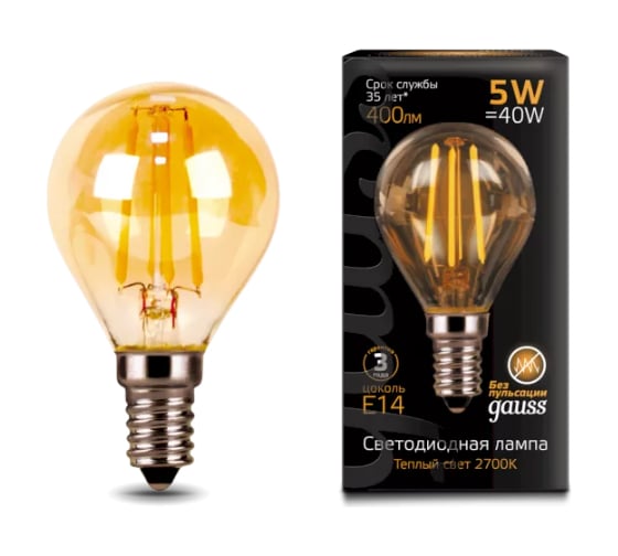 Изображение товара Лампа Gauss Filament, шар, 5W, 400lm, 2700К, Е14, golden, LED 105801005
