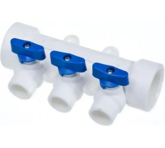 Изображение товара Коллектор полипропиленовый Millennium PP‑R 32 мм, 3 выхода, с шаровыми кранами, для отопления и воды, синяя ручка 3M62-mnb-320320