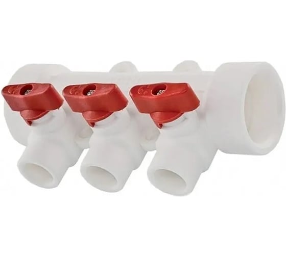 Изображение товара Коллектор PPR полипропиленовый Millennium 32 мм, 3 выхода, шаровые краны, красная ручка 3M62-mnr-320320