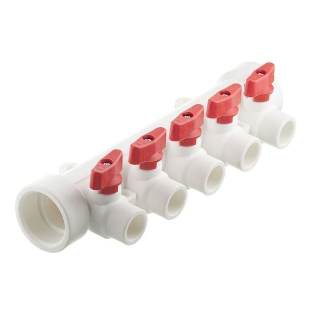 Изображение товара Коллектор полипропиленовый Millennium 32 мм, с кранами, 5 выходов, красная ручка 3M62-mnr-320520