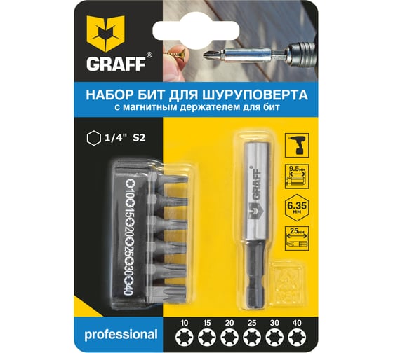 Изображение товара Набор бит с магнитным держателем (6 шт; T10-40) GRAFF 4605