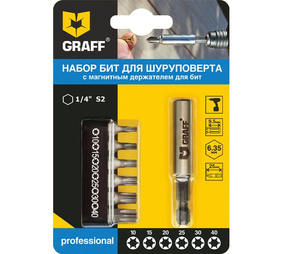 Изображение товара Набор бит с магнитным держателем (6 шт; T10-40) GRAFF 4605