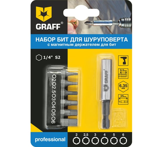 Изображение товара Набор бит с магнитным держателем (6 шт; HEX) GRAFF 4604