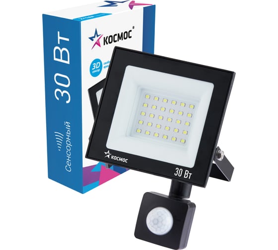 Изображение товара Светодиодный прожектор КОСМОС с датчиком 30Вт, 2400Лм, IP65, 6500K, Super-Slim K_PR5_LED_30S