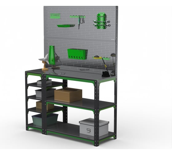 Изображение товара Стол-верстак ООО Металекс KIT 950х1800х600 (с бок. полками, двумя перфопанелями и комп. аксессуаров) (серо-зеленый) 204135