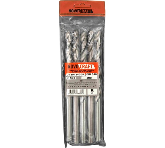 Изображение товара Сверло длинное по металлу JOB (5 шт; 13х205х134 мм; DIN 340; ц/х) Novocraft J130134205