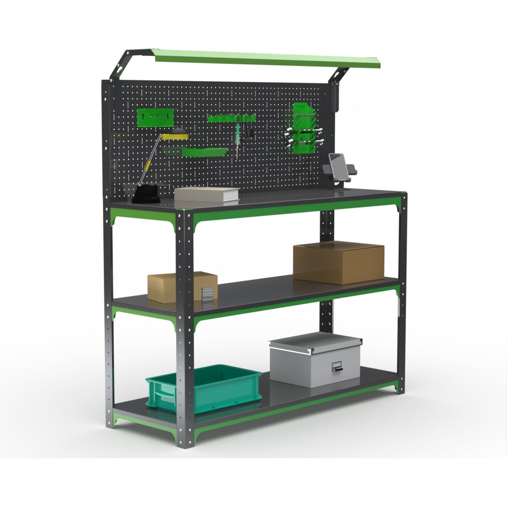 Изображение товара Стол-верстак ООО Металекс KIT 950х1400х500 (2-е полки, + перфопанель с комплектом освещения) (серо-зеленый) 204398