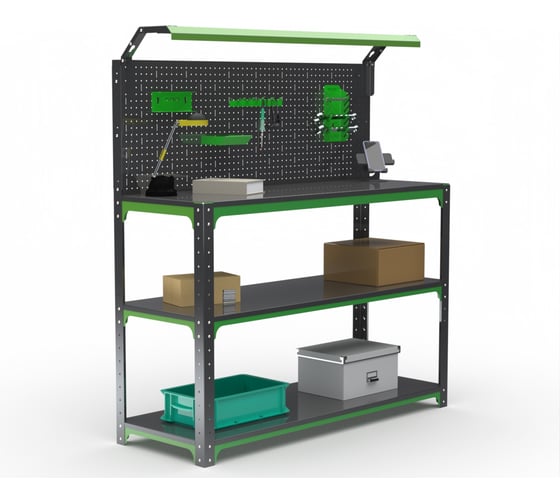 Изображение товара Стол-верстак ООО Металекс KIT 950х1300х600 (2-е полки, + перфопанель с комплектом освещения) (серо-зеленый) 204406