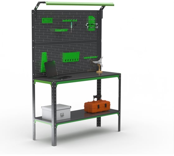 Изображение товара Стол-верстак ООО Металекс KIT 950х1300х600 мм, одна полка + двойная перфопанель с комплектом освещения, серо-зеленый 204433