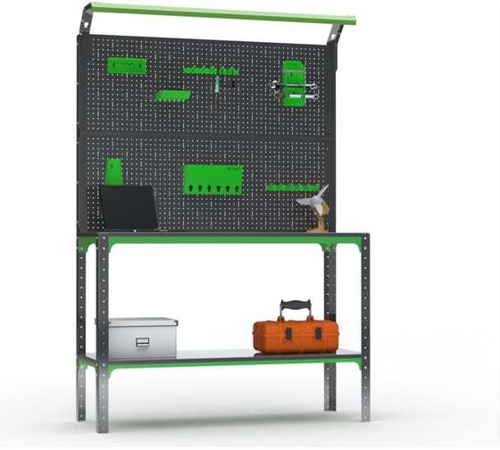 Изображение товара Стол-верстак ООО Металекс KIT 950х1700х500 мм, одна полка + двойная перфопанель с комплектом освещения, серо-зеленый 204428