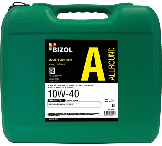 Изображение товара Синтетическое моторное масло Bizol НС- Allround 10W-40 SN A3/B4 MA (20 л) 83012