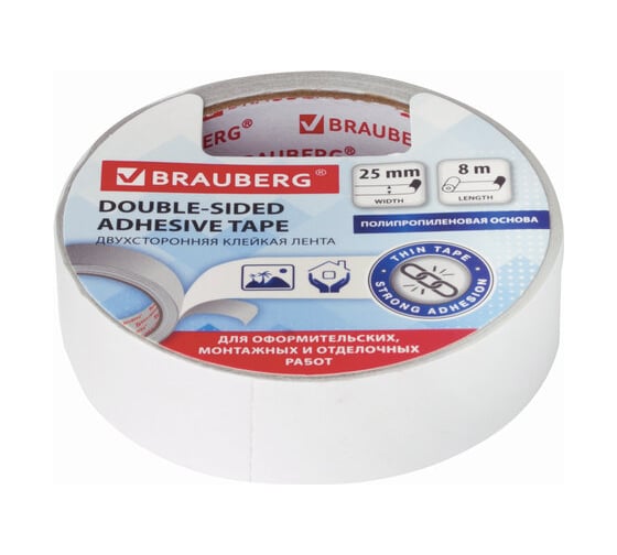 Изображение товара Клейкая двухсторонняя лента BRAUBERG 25 мм х 8 м, полипропиленовая основа, 90 микрон 606425