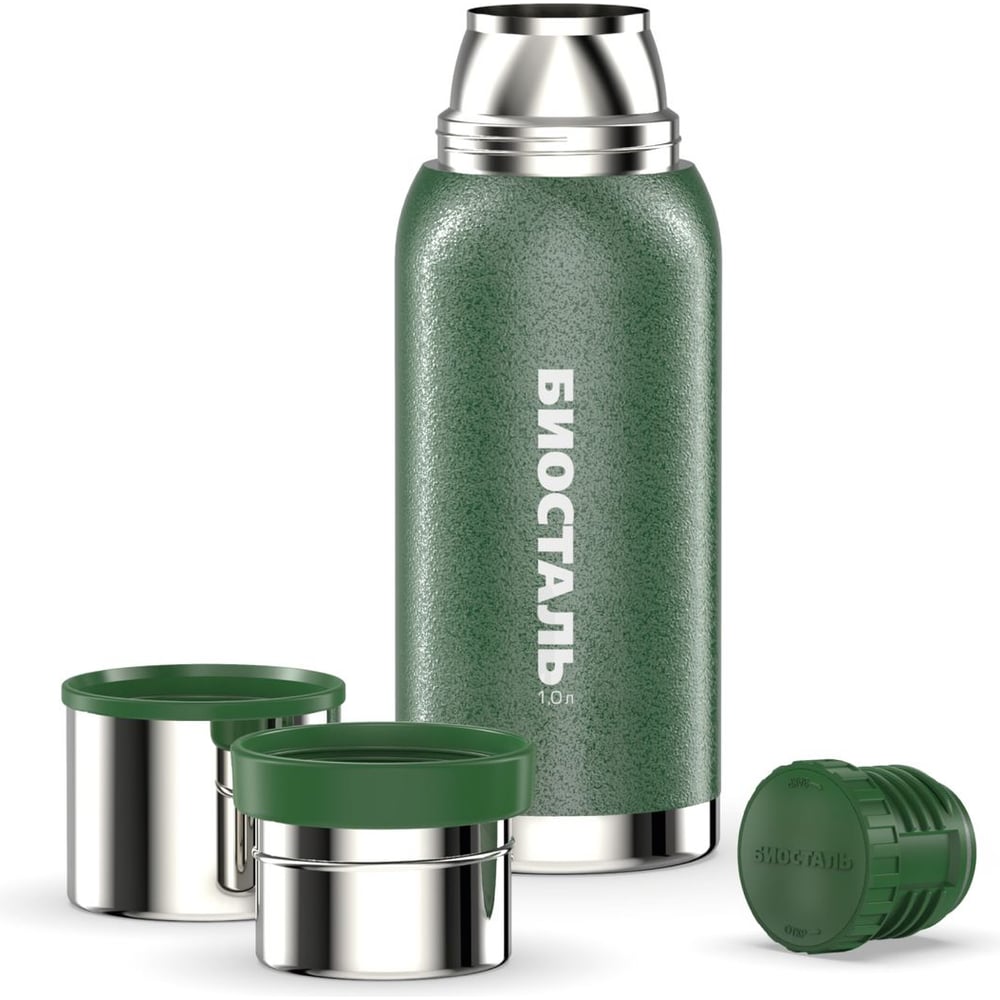 Изображение товара Термос Biostal Охота 1 литр с 2 чашками, зеленый, вакуумная изоляция