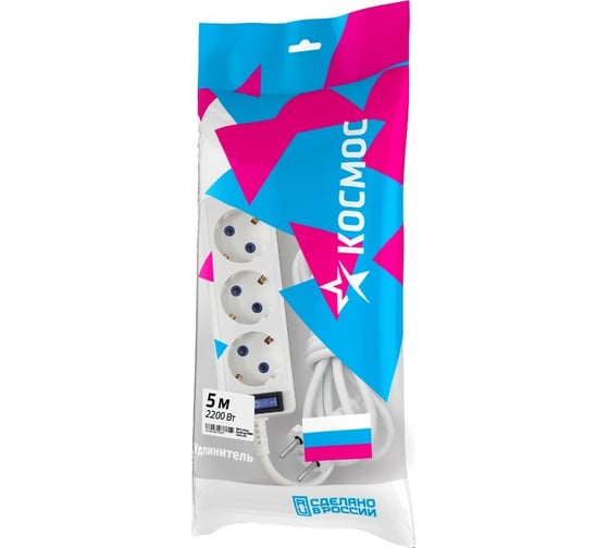 Изображение товара Удлинитель КОСМОС 10А 3 гнезда ПВС 3х0,75 5м с заземлением и кнопкой Р16-012 Россия YKsm5m-3g-Z-V 10A P