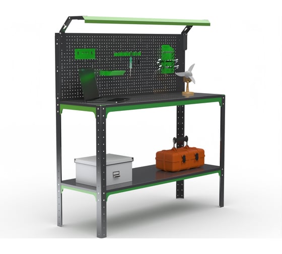Изображение товара Стол-верстак ООО Металекс KIT 950х1100х400 (одна полка + перфопанель с комплектом освещения) (серо-зеленый) / 204440