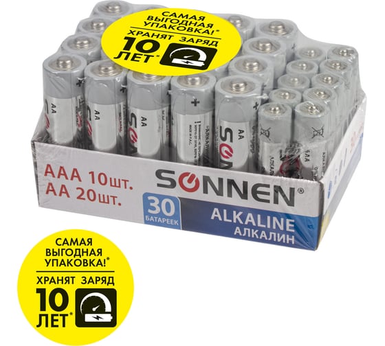 Изображение товара Батарейки SONNEN, КОМПЛЕКТ 30 шт, Alkaline, AA+ААА LR6+LR03, в коробке 455097