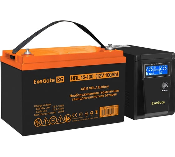 Изображение товара Комплект ИБП ExeGate ИБП EX295986RUS + батарея 100Aч EX285656RUS 1шт, инвертор, синус, для котла SineTower SZ-600.LCD.AVR.1SH 600VA/360W, чистый синусоида, LCD 296782