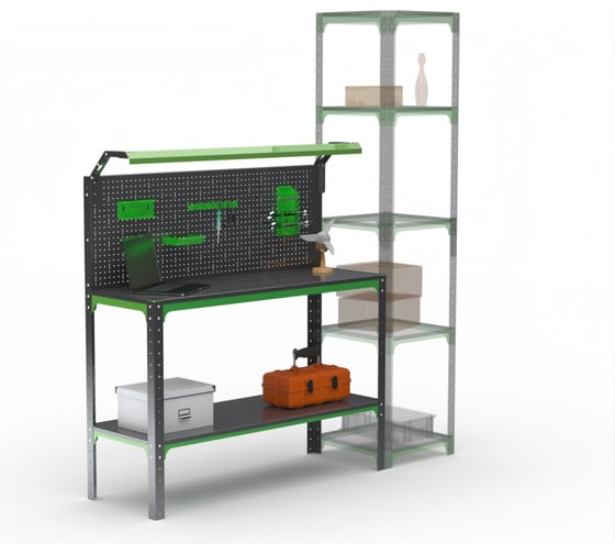 Изображение товара Стол-верстак ООО Металекс KIT 950х1300х500, одна полка + перфопанель с комплектом освещения, серо-зеленый 204451