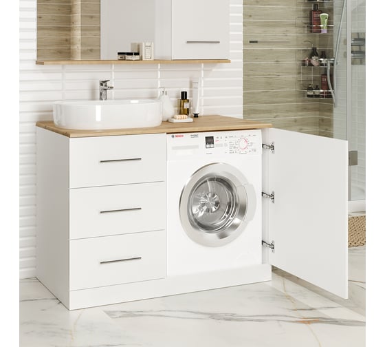 Изображение товара Тумба Misty Респект -120 под стиральную машину, с 3 ящиками, левая, белая ПВХ/Дуб Э-Рес01120-13ЯЛ