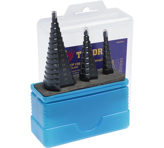 Изображение товара Набор сверл ступенчатых (3 шт; 4-12 мм; 4-20 мм; 4-32 мм; трехгранный хвостовик; HSS) ТУНДРА 4606768