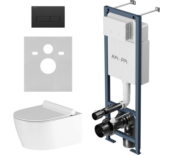 Изображение товара Комплект инсталляции AM.PM ErgoFit с клавишей M черный матовый, с подвесным унитазом Jupiter без ободка, с сиденьем IS110338.DX77C1700