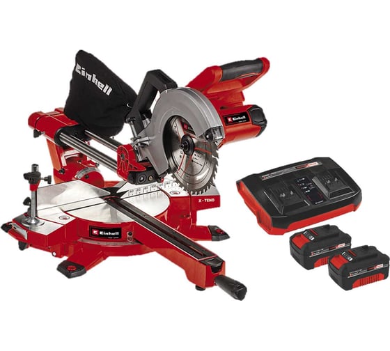 Изображение товара Торцовочная аккумуляторная пила Einhell PXC TE-SM 36/210 Li,2х18В, 210х30 мм, пр-л 310х65 мм, лазер+2 аккумулятора, 4Ач+двойное ЗУ 4300880SET