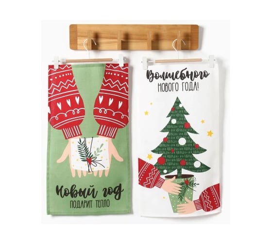 Изображение товара Набор кухонных полотенец Доляна Тепло Нового года 35х60 см 2 шт, 100% хлопок, 160 г/кв.м 7077427