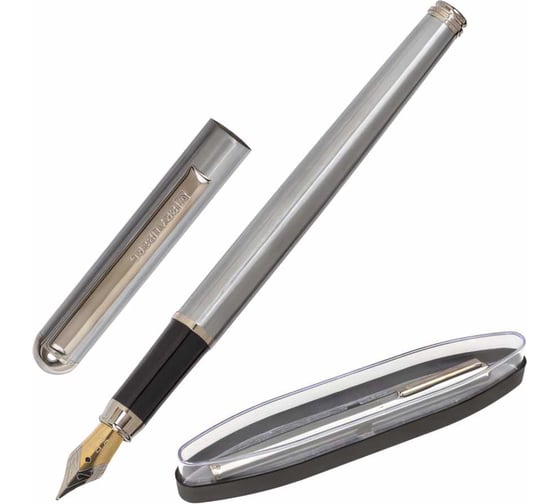 Изображение товара Подарочная перьевая ручка BRAUBERG Larghetto синяя, серебристый корпус с хромом, линия 0.25 мм 143475