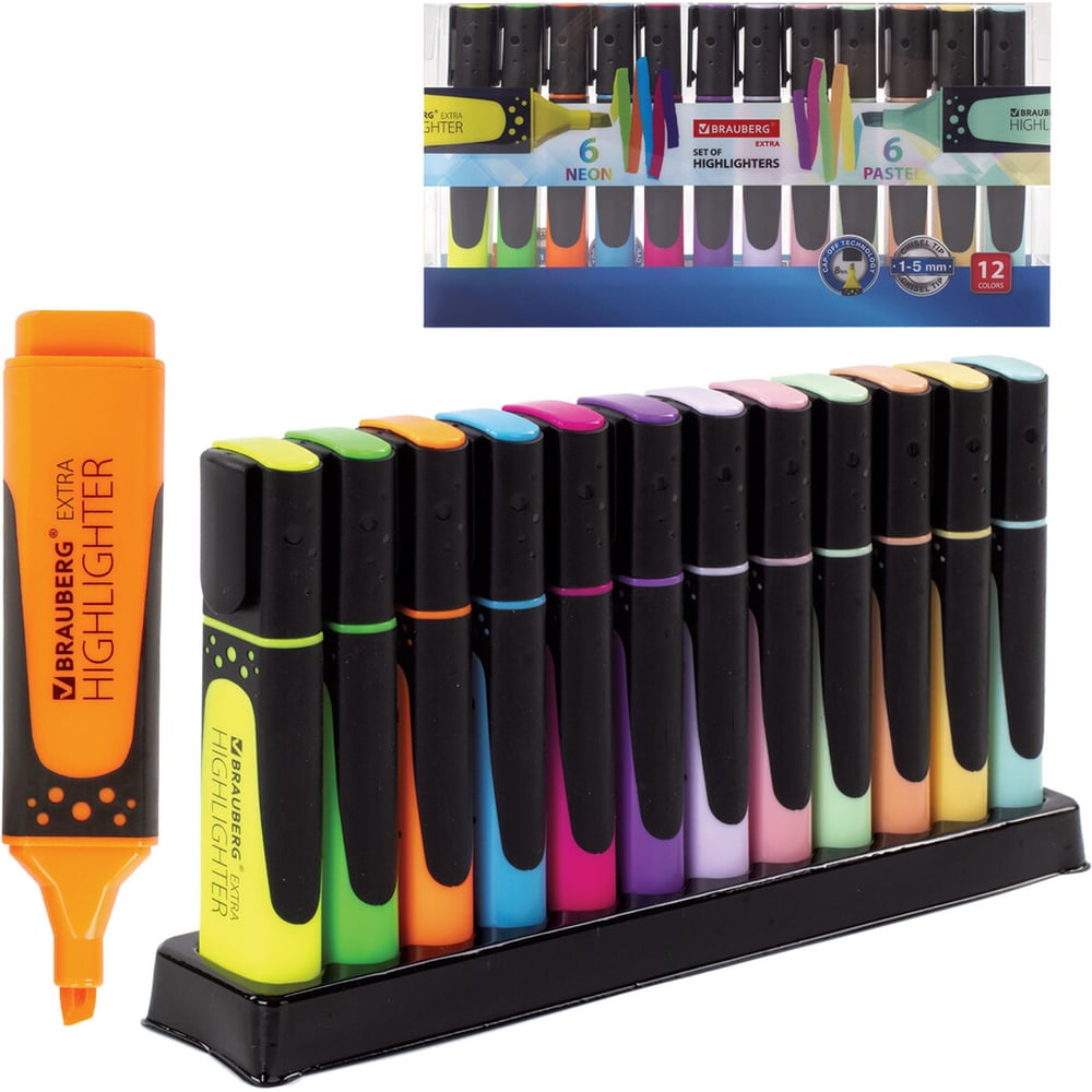 Изображение товара Текстовыделители BRAUBERG SUPER набор 12 шт прорезиненный корпус ассорти