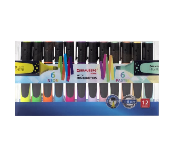 Изображение товара Текстовыделители BRAUBERG SUPER набор 12 шт, ассорти, прорезиненный корпус, 1-5 мм 151758