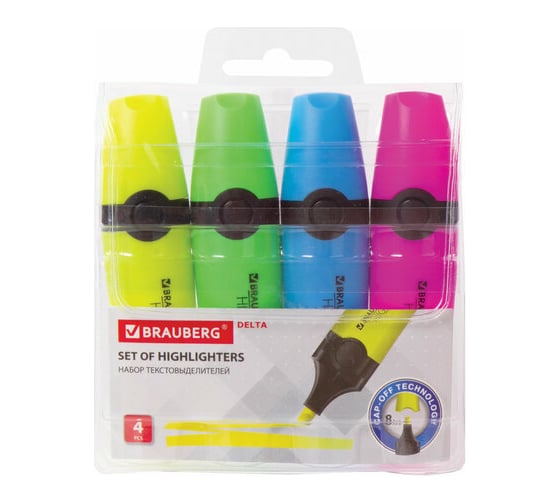 Изображение товара Текстовыделители BRAUBERG DELTA набор 4 шт, ассорти, линия 1-5 мм 151727