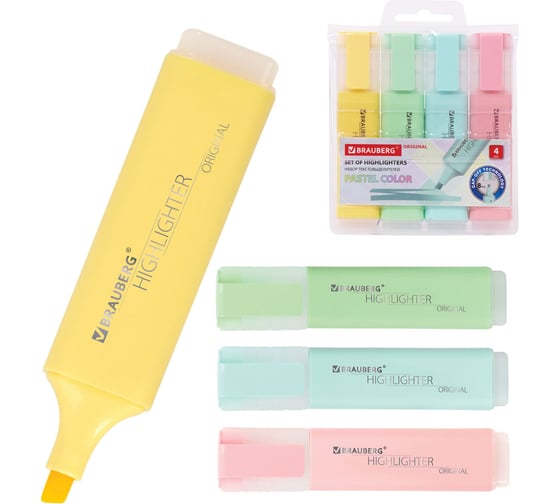 Изображение товара Текстовыделители BRAUBERG ORIGINAL PASTEL набор 4 шт, ассорти, линия 1-5 мм 151697