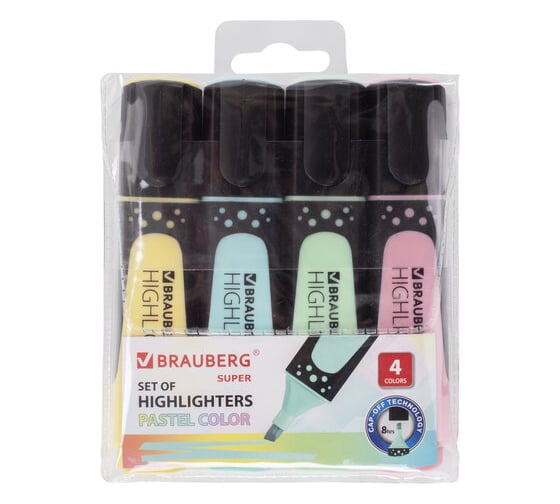 Изображение товара Текстовыделители BRAUBERG SUPER PASTEL набор 4 шт, ассорти, прорезиненный корпус, 1-5 мм 151756