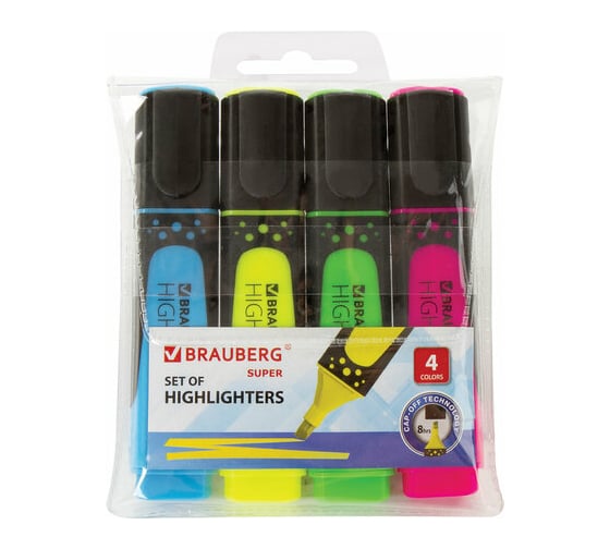 Изображение товара Текстовыделители BRAUBERG SUPER набор 4 шт, ассорти, прорезиненный корпус, 1-5 мм 151746