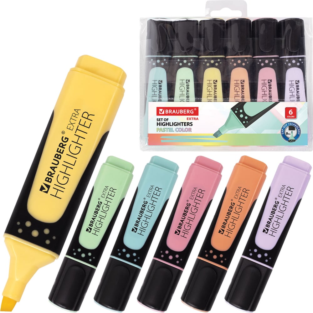 Изображение товара Текстовыделители BRAUBERG SUPER PASTEL набор 6 шт прорезиненный корпус ассорти