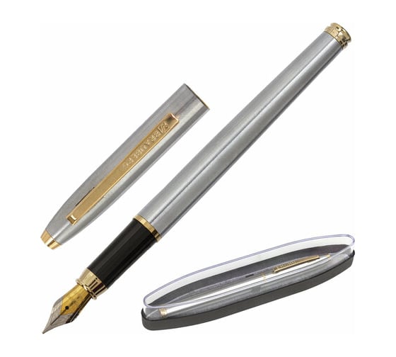 Изображение товара Подарочная перьевая ручка BRAUBERG Brioso синяя, серебристый корпус с золотом, линия 0.25 мм 143464