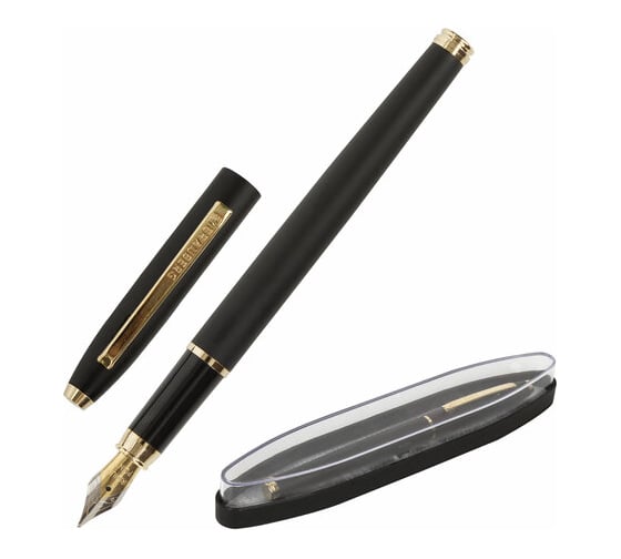 Изображение товара Подарочная перьевая ручка BRAUBERG Brioso синяя, черный корпус с золотистыми деталями, линия 0.25 мм 143467
