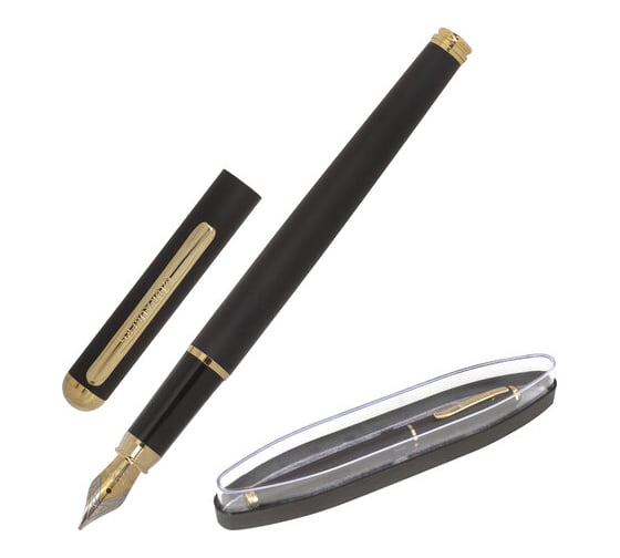 Изображение товара Подарочная перьевая ручка BRAUBERG Maestro синяя, черный корпус с золотистыми деталями, линия 0.25 мм 143471