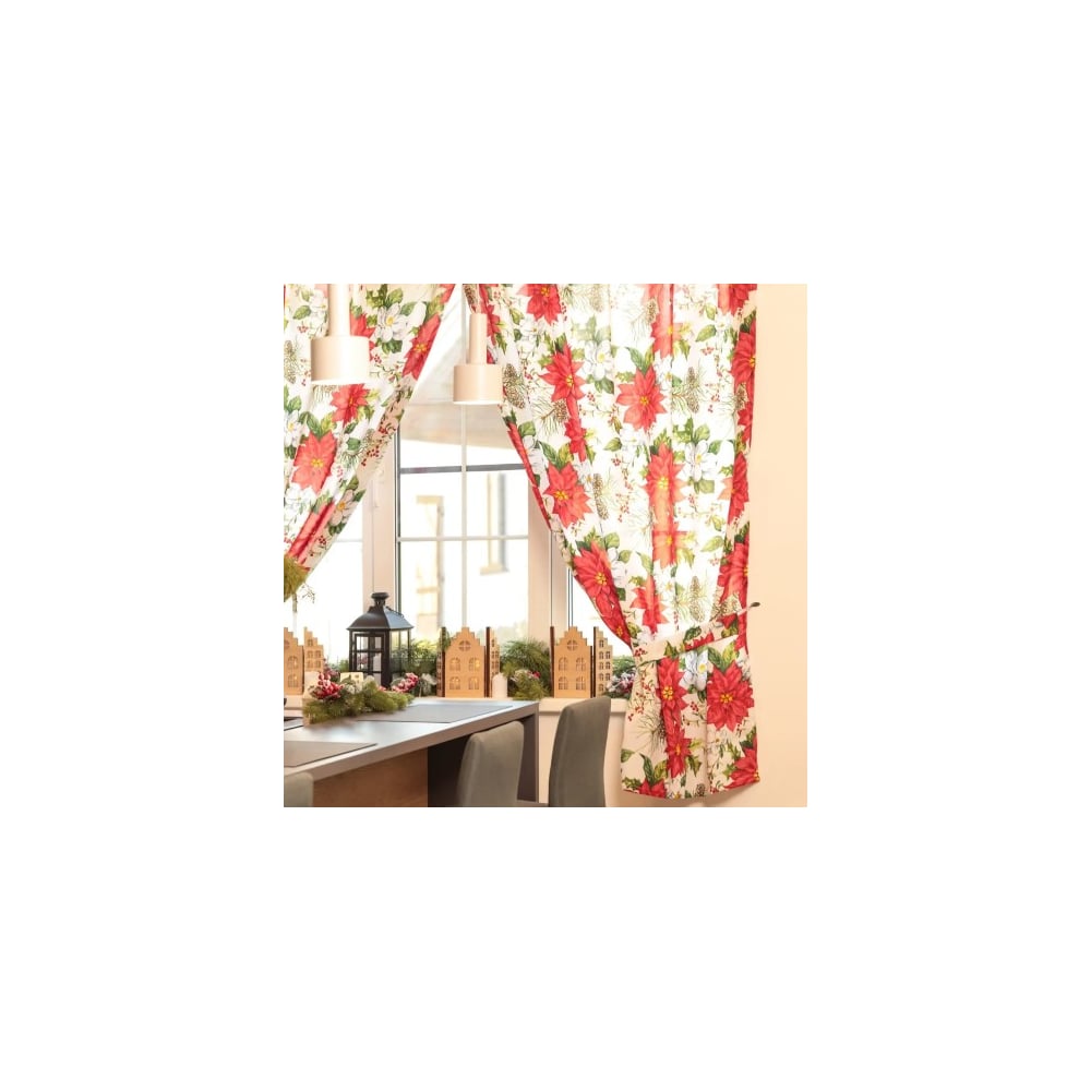 Изображение товара Комплект штор Доляна Рождественские цветы 145x180 см 2 шт с подхватами