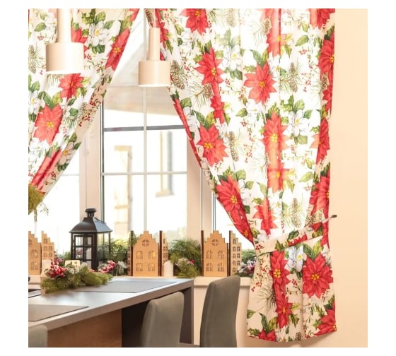 Изображение товара Комплект штор Доляна Рождественские цветы 145х180 см - 2 шт с подхватами, 100% полиэстер, 140 г/кв.м 10643126
